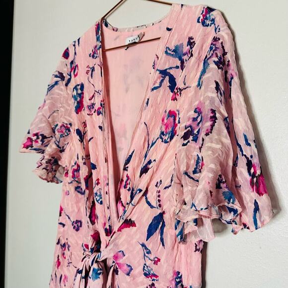 TANYA TAYLOR Pink Floral Silk Wrap Short Sleeve Ruffle V-Neck Midi Dress Size 20 - Picture 12 of 14